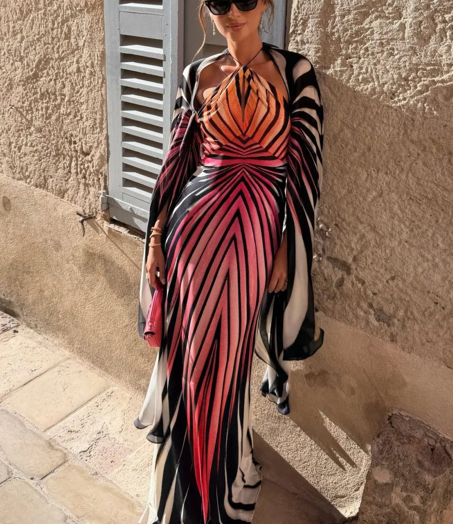 Ombre Butterfly Wing Print Halter Maxi Dress with Flowing Cape Sleeves