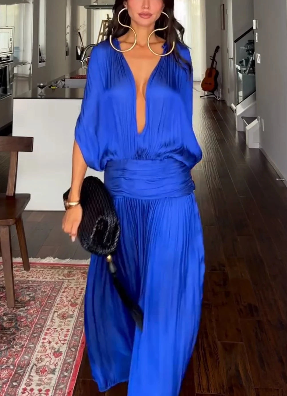 Royal Blue Deep V-Neck Pleated Maxi Dress with Ruched Waist