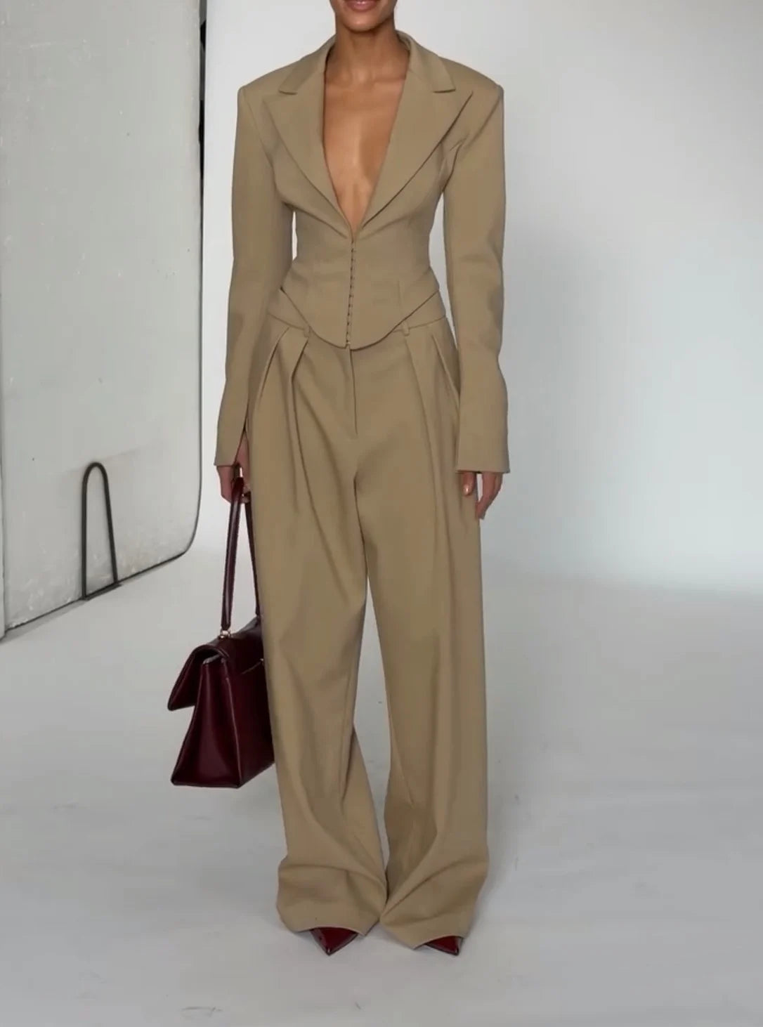 Beige Plunge Lapel Corset Blazer and Pleated Wide Leg Pants Two Piece Set