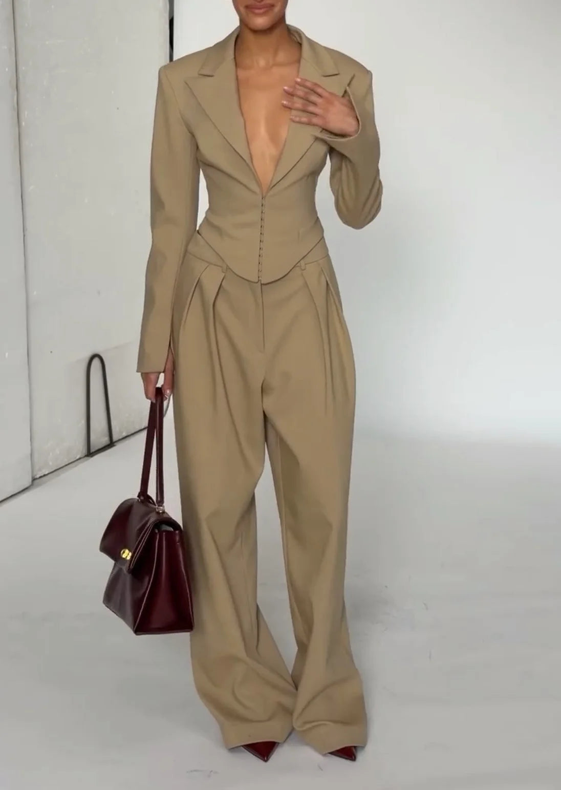 Beige Plunge Lapel Corset Blazer and Pleated Wide Leg Pants Two Piece Set