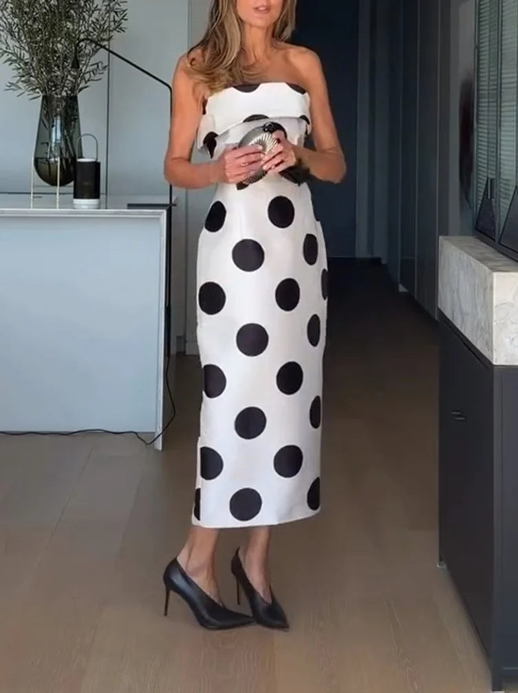 Strapless Polka Dot Column Maxi Dress for Cocktail and Evening Events