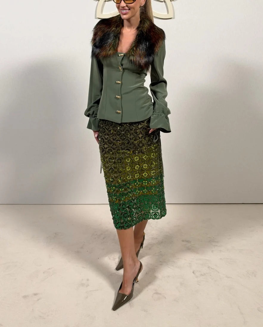 Olive Green Faux Fur Collar Long Sleeve Top and Sequin Midi Skirt Two Piece Set