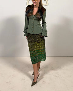 Olive Green Faux Fur Collar Long Sleeve Top and Sequin Midi Skirt Two Piece Set