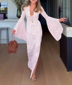 Deep V-Neck Bell Sleeve Lace Maxi Dress in Light Pink