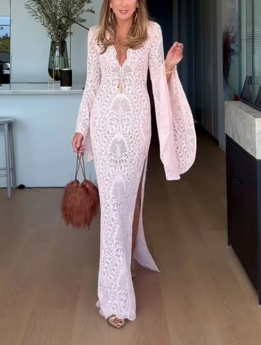 Deep V-Neck Bell Sleeve Lace Maxi Dress in Light Pink