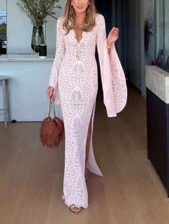 Deep V-Neck Bell Sleeve Lace Maxi Dress in Light Pink
