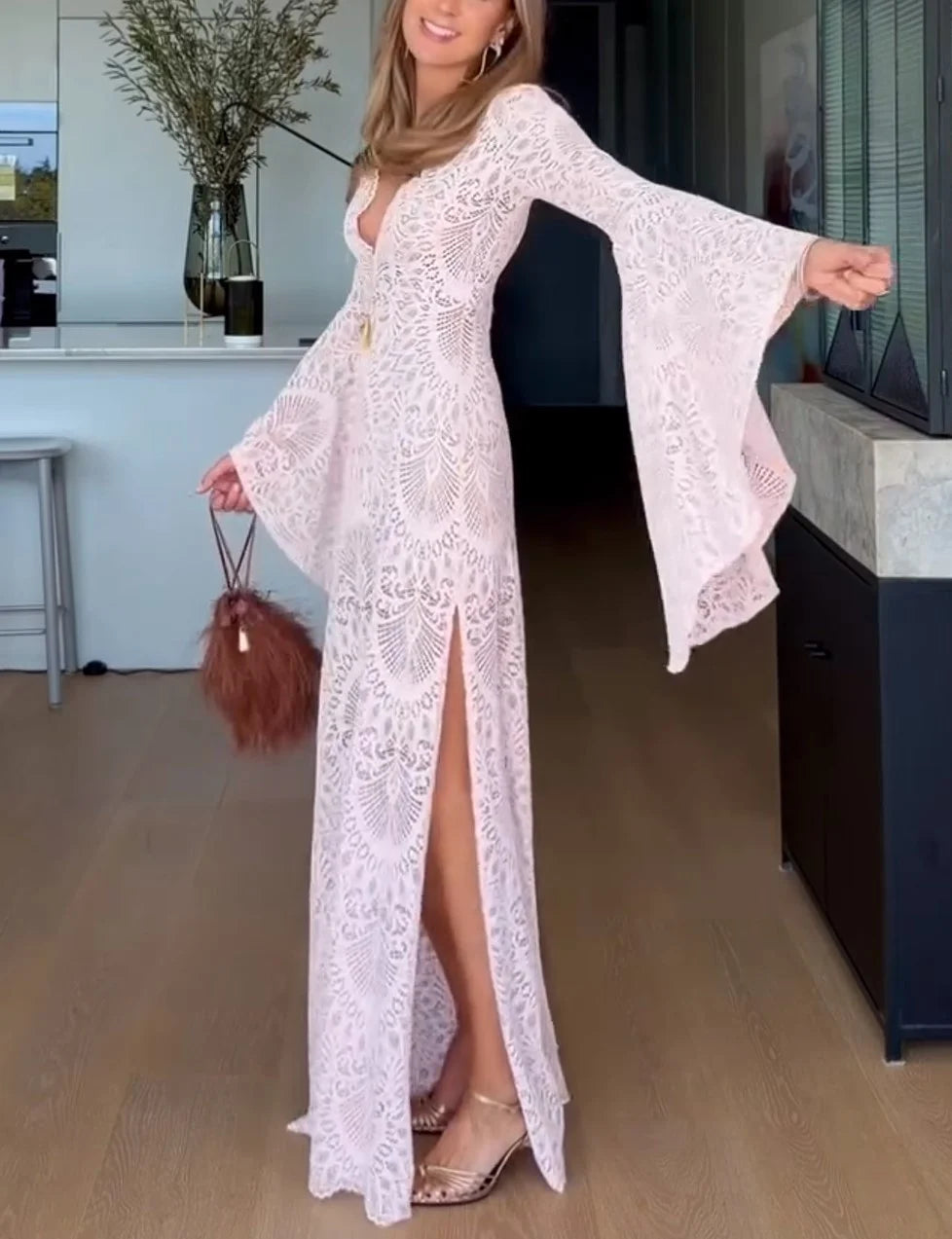 Deep V-Neck Bell Sleeve Lace Maxi Dress in Light Pink