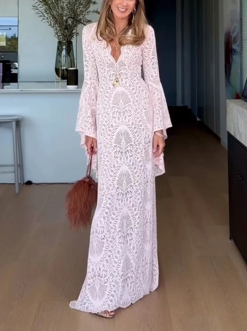 Deep V-Neck Bell Sleeve Lace Maxi Dress in Light Pink