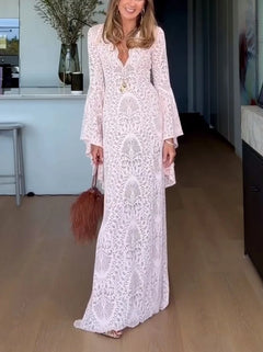 Deep V-Neck Bell Sleeve Lace Maxi Dress in Light Pink