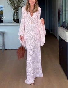 Deep V-Neck Bell Sleeve Lace Maxi Dress in Light Pink