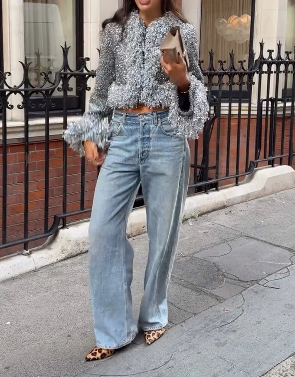 Silver Metallic Tinsel Fringe Cropped Jacket with Long Sleeves