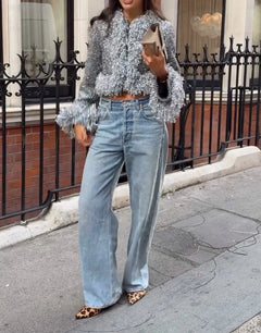 Silver Metallic Tinsel Fringe Cropped Jacket with Long Sleeves