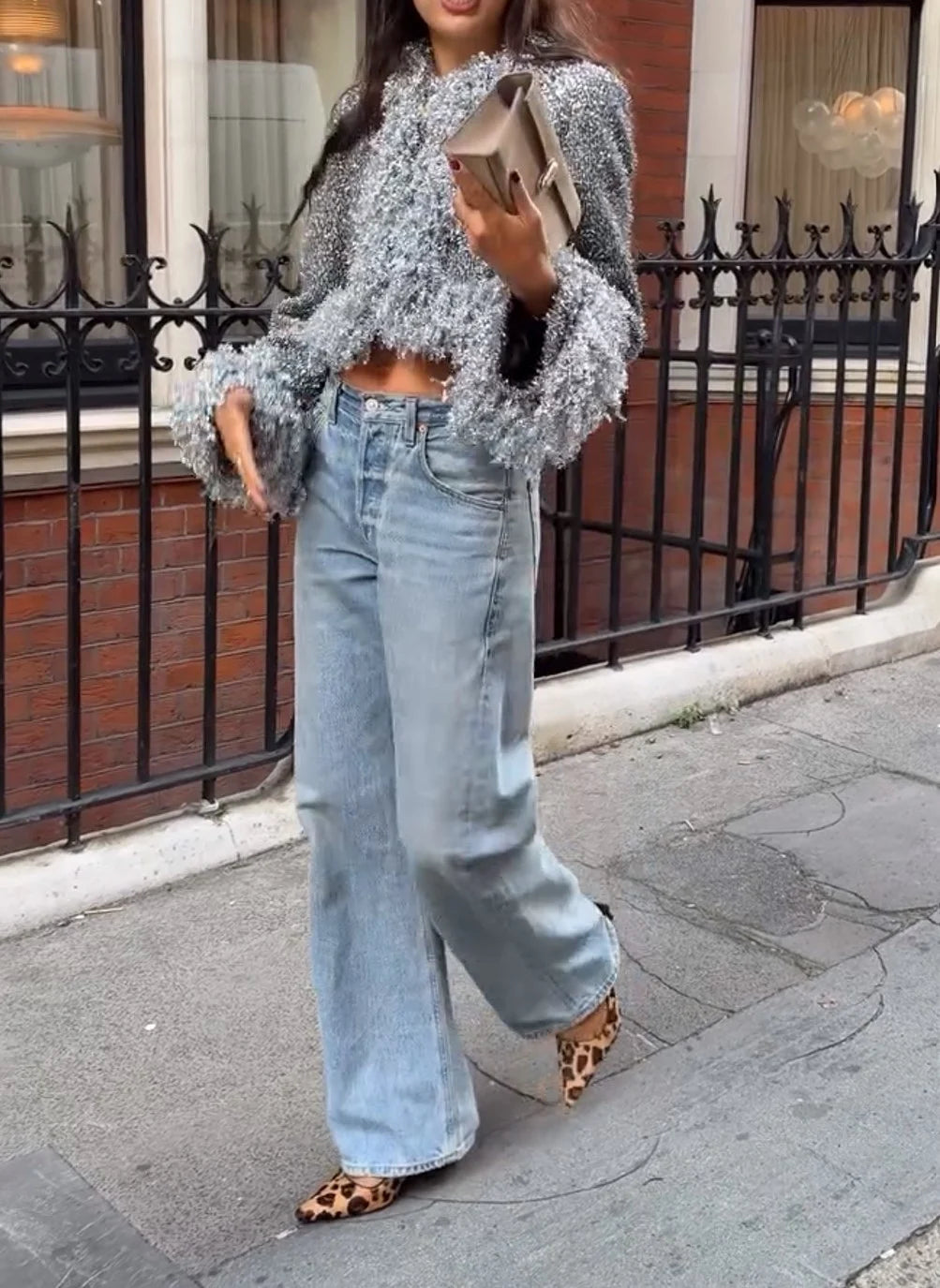 Silver Metallic Tinsel Fringe Cropped Jacket with Long Sleeves