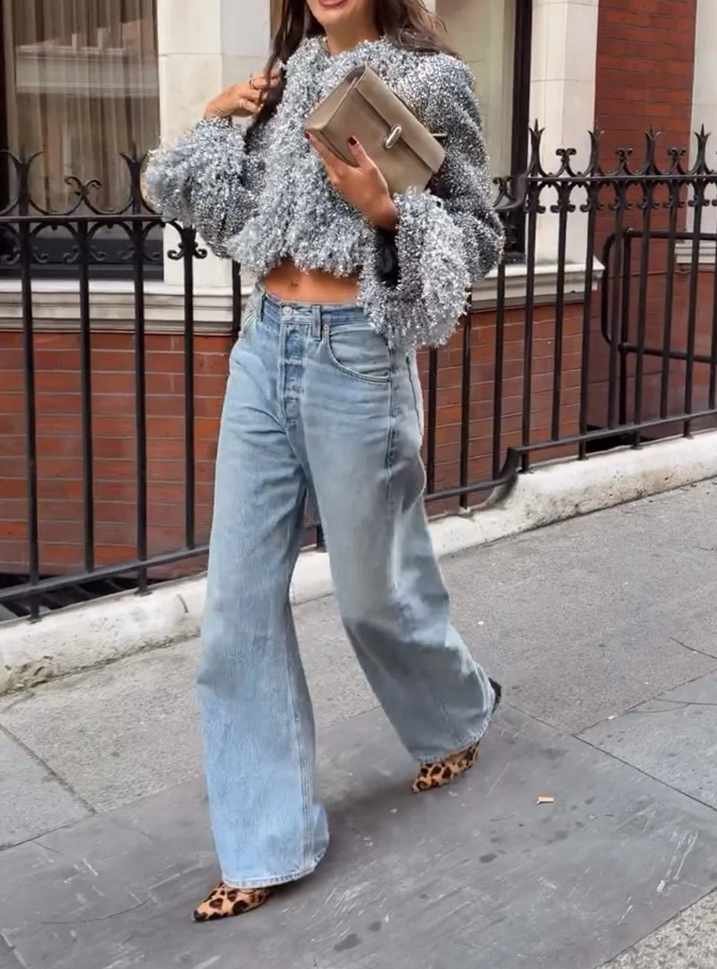 Silver Metallic Tinsel Fringe Cropped Jacket with Long Sleeves