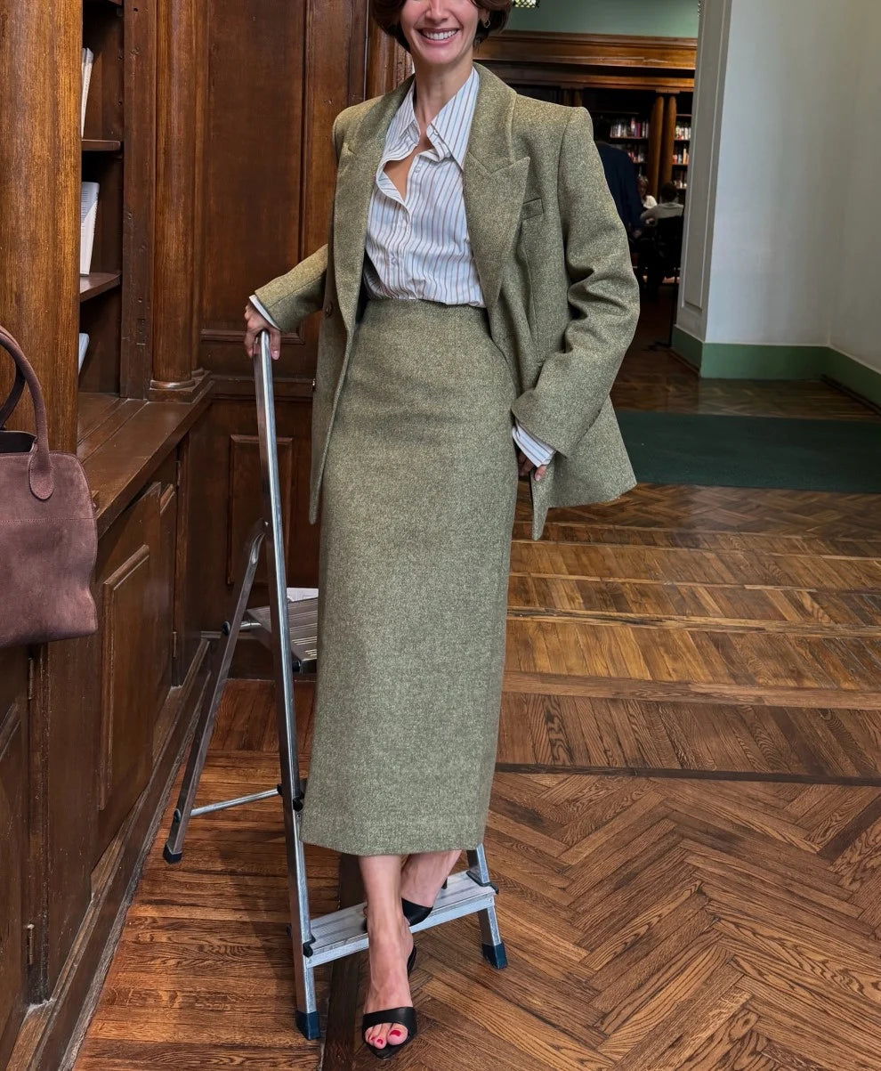 Women's Olive Green Tailored Blazer and Column Maxi Skirt Two Piece Set