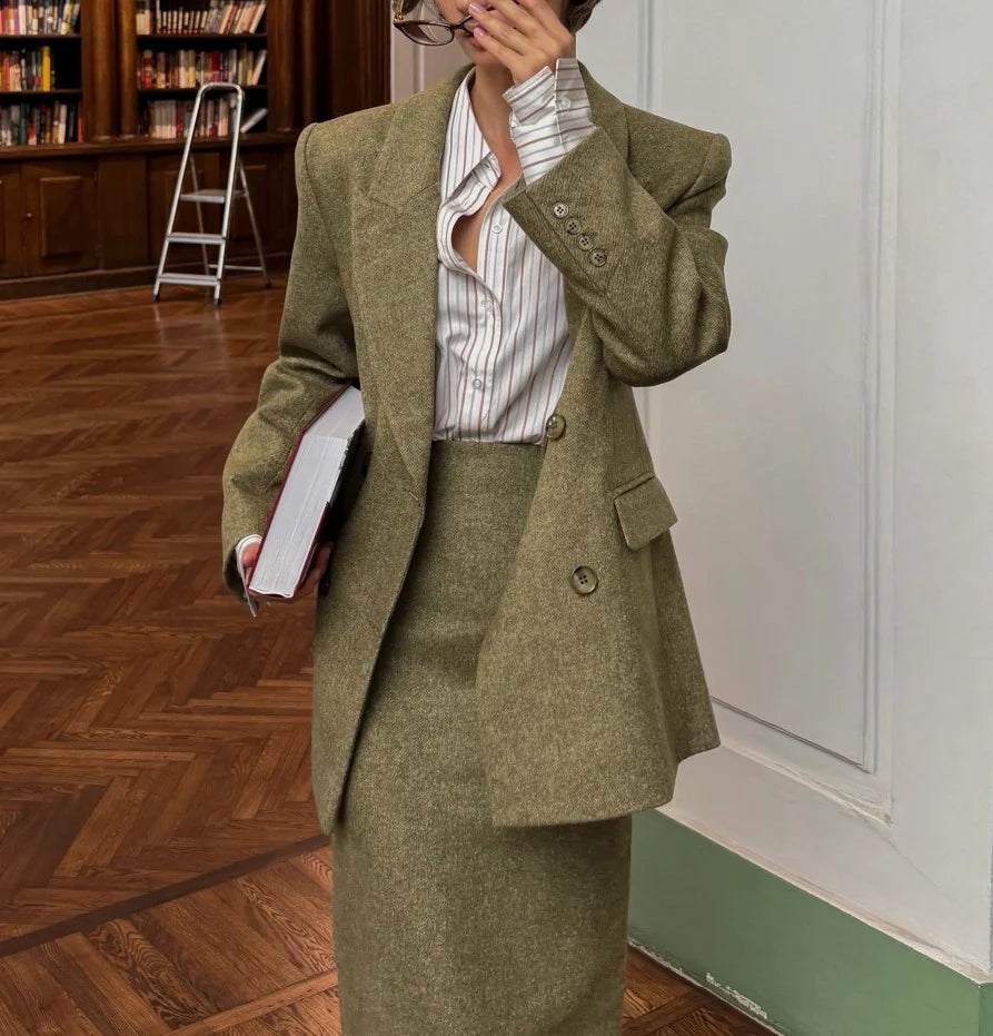 Women's Olive Green Tailored Blazer and Column Maxi Skirt Two Piece Set