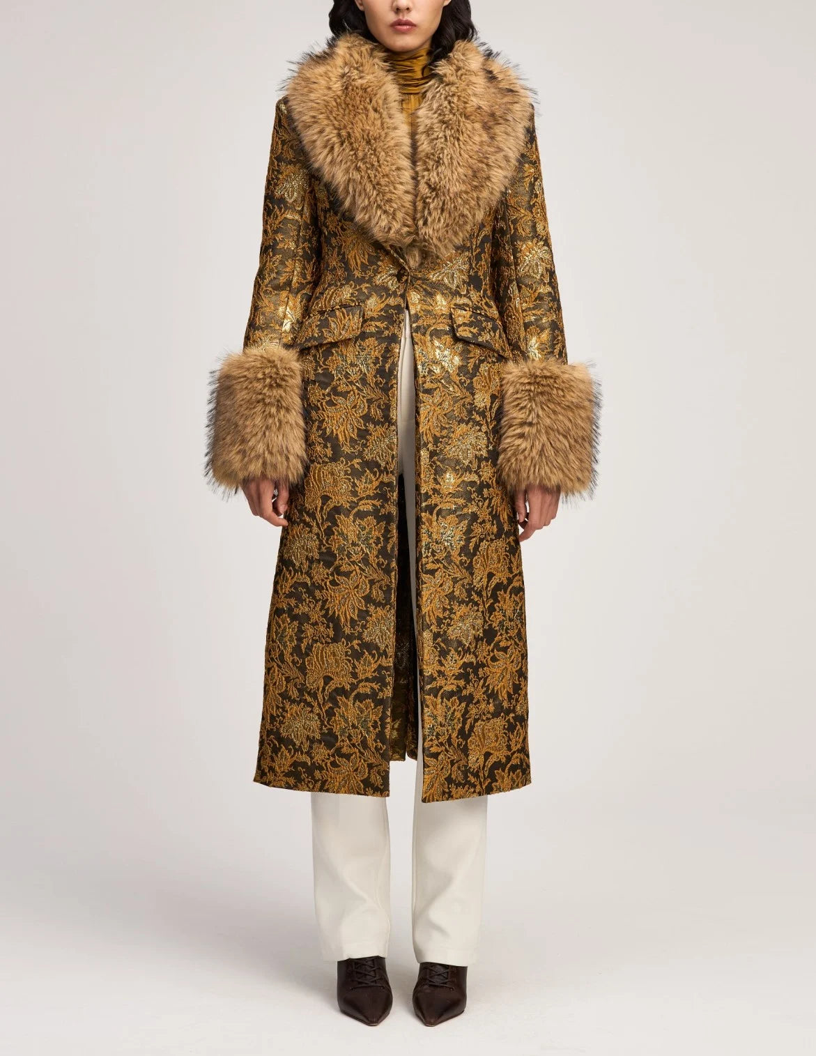 Women's Metallic Gold Jacquard Long Coat with Plush Faux Fur Collar