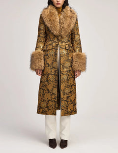Women's Metallic Gold Jacquard Long Coat with Plush Faux Fur Collar