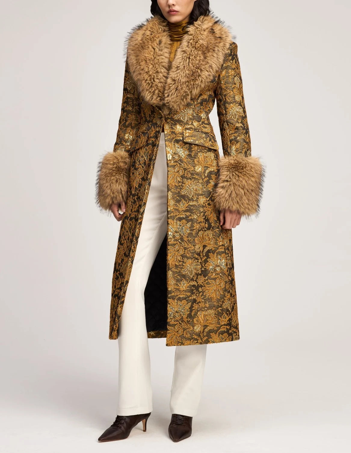 Women's Metallic Gold Jacquard Long Coat with Plush Faux Fur Collar