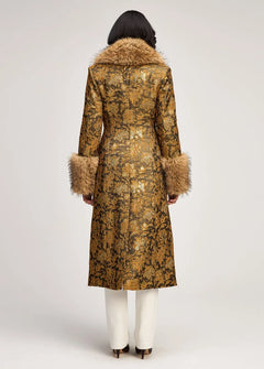 Women's Metallic Gold Jacquard Long Coat with Plush Faux Fur Collar