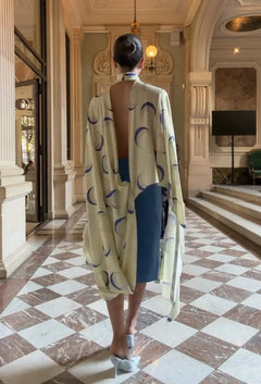 Printed Draped Cape Top and Blue Front Slit Midi Skirt Two Piece Set