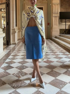 Printed Draped Cape Top and Blue Front Slit Midi Skirt Two Piece Set