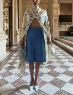 Printed Draped Cape Top and Blue Front Slit Midi Skirt Two Piece Set