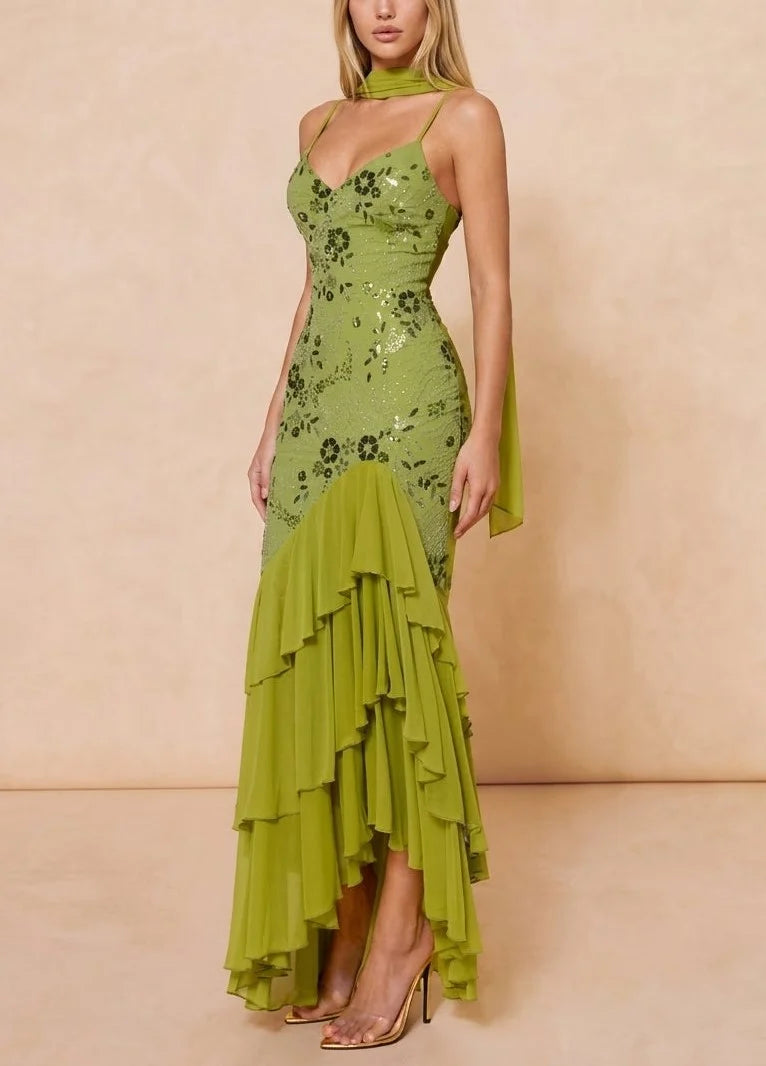 Olive Green Sequin Embroidered Cami Tiered Ruffle Mermaid Maxi Dress [erp-image:b90be7dafda1f0bf9b631d4a]