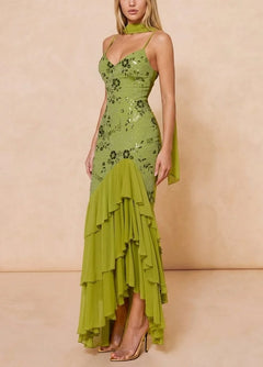 Olive Green Sequin Embroidered Cami Tiered Ruffle Mermaid Maxi Dress [erp-image:b90be7dafda1f0bf9b631d4a]