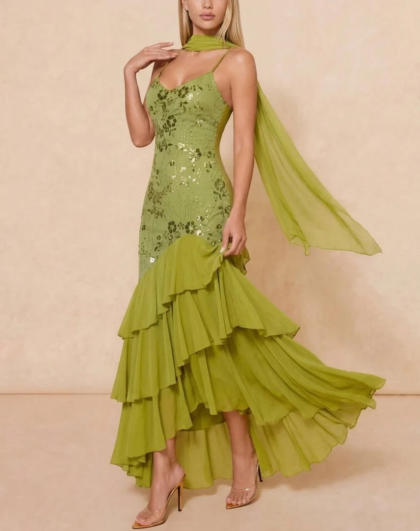 Olive Green Sequin Embroidered Cami Tiered Ruffle Mermaid Maxi Dress [erp-image:780495b798fc5c06110e976d]