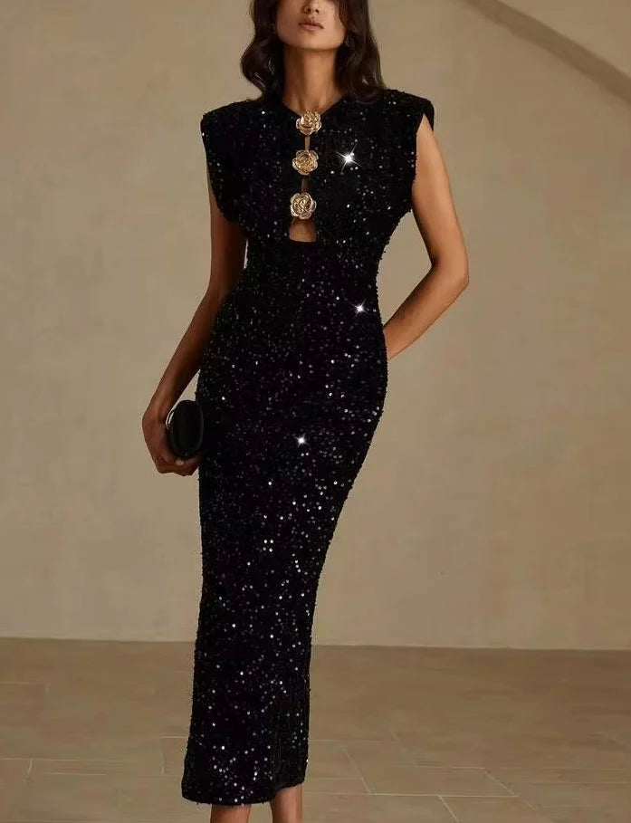 Black Sequin Sleeveless Maxi Dress with Gold Flower Button Cutout [erp-image:596ffd128d545f2d3d0f8851]