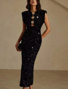 Black Sequin Sleeveless Maxi Dress with Gold Flower Button Cutout [erp-image:596ffd128d545f2d3d0f8851]