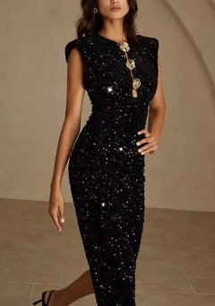 Black Sequin Sleeveless Maxi Dress with Gold Flower Button Cutout [erp-image:95a8d532df546a3dce6dd165]