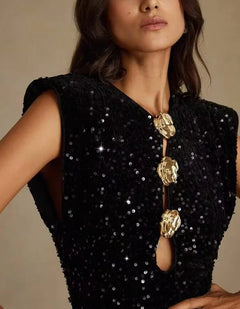 Black Sequin Sleeveless Maxi Dress with Gold Flower Button Cutout [erp-image:37f7a4151b852f23c57e6aa2]