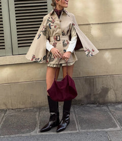Women Vintage Floral Print Belted Cape Top with Plaid Lining [erp-image:86089150228ba9e9039618d9]