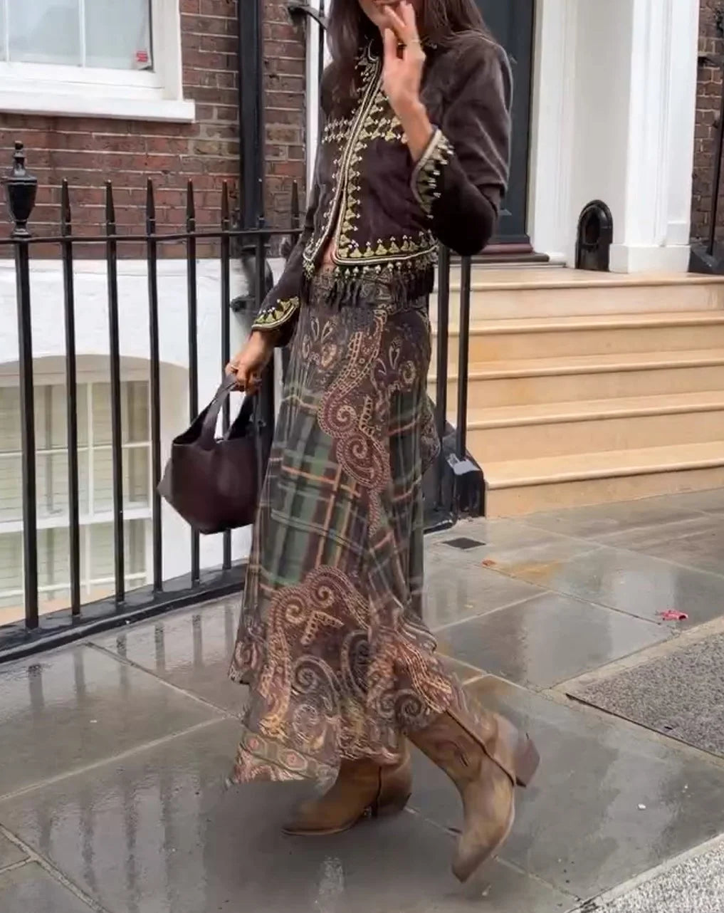 Vintage Embroidered Velvet Jacket and Printed Midi Skirt Two Piece Set [erp-image:976186cd422e8ba103b4f482]