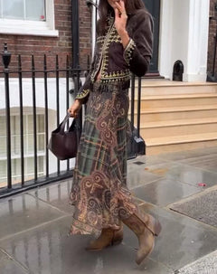 Vintage Embroidered Velvet Jacket and Printed Midi Skirt Two Piece Set [erp-image:976186cd422e8ba103b4f482]