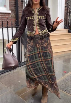 Vintage Embroidered Velvet Jacket and Printed Midi Skirt Two Piece Set [erp-image:3b4d924592775c61fe4d6eb8]