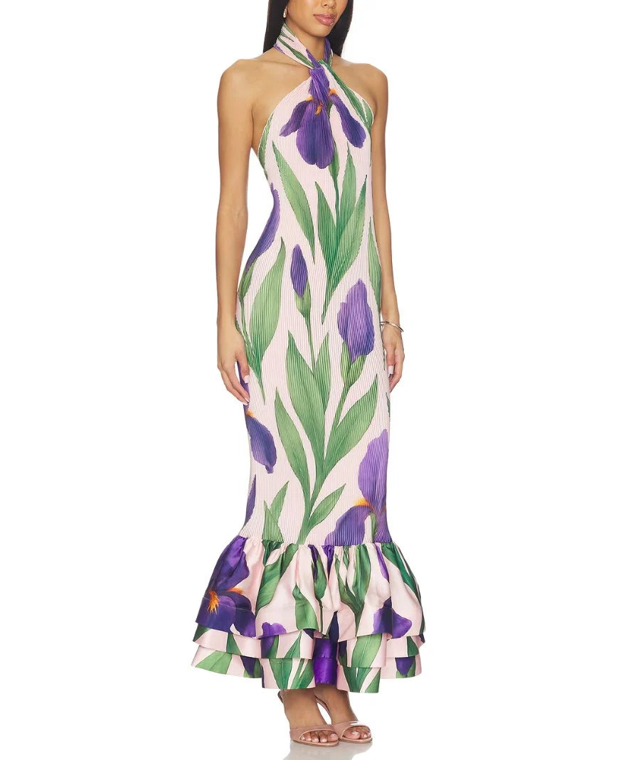Floral Print Halter Neck Tiered Ruffle Mermaid Maxi Dress [erp-image:abd8fb4af5a0c6efc3025640]