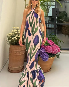 Floral Print Halter Neck Tiered Ruffle Mermaid Maxi Dress [erp-image:04c55b05071da84f76910d6c]