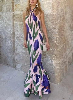 Floral Print Halter Neck Tiered Ruffle Mermaid Maxi Dress [erp-image:2f3dc78b10045136019507ac]