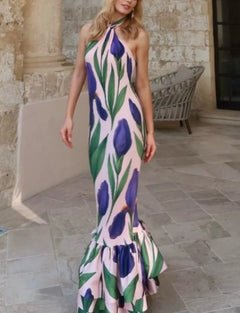 Floral Print Halter Neck Tiered Ruffle Mermaid Maxi Dress [erp-image:79a9220da59a891f720c0389]