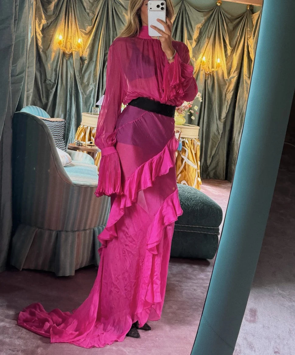 Hot Pink High Neck Tiered Ruffle Chiffon Maxi Dress with Long Sleeves [erp-image:b8f4d8639e6059ba0ee092e7]