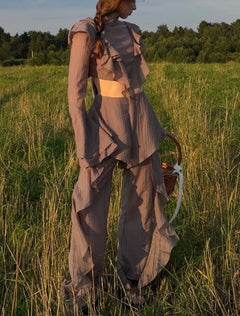 Women's Plaid Ruffle Mock Neck Crop Top and Wide Leg Trousers Two Piece Set [erp-image:54bc096a103e588c7dbea84c]