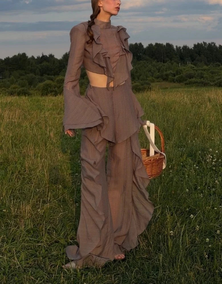 Women's Plaid Ruffle Mock Neck Crop Top and Wide Leg Trousers Two Piece Set [erp-image:298f4ce30468bafd14cfac08]