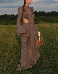 Women's Plaid Ruffle Mock Neck Crop Top and Wide Leg Trousers Two Piece Set [erp-image:298f4ce30468bafd14cfac08]