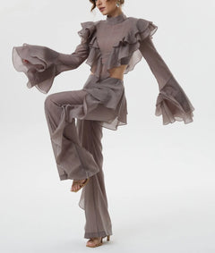 Women's Plaid Ruffle Mock Neck Crop Top and Wide Leg Trousers Two Piece Set [erp-image:fadab17439972d57ca93eb13]
