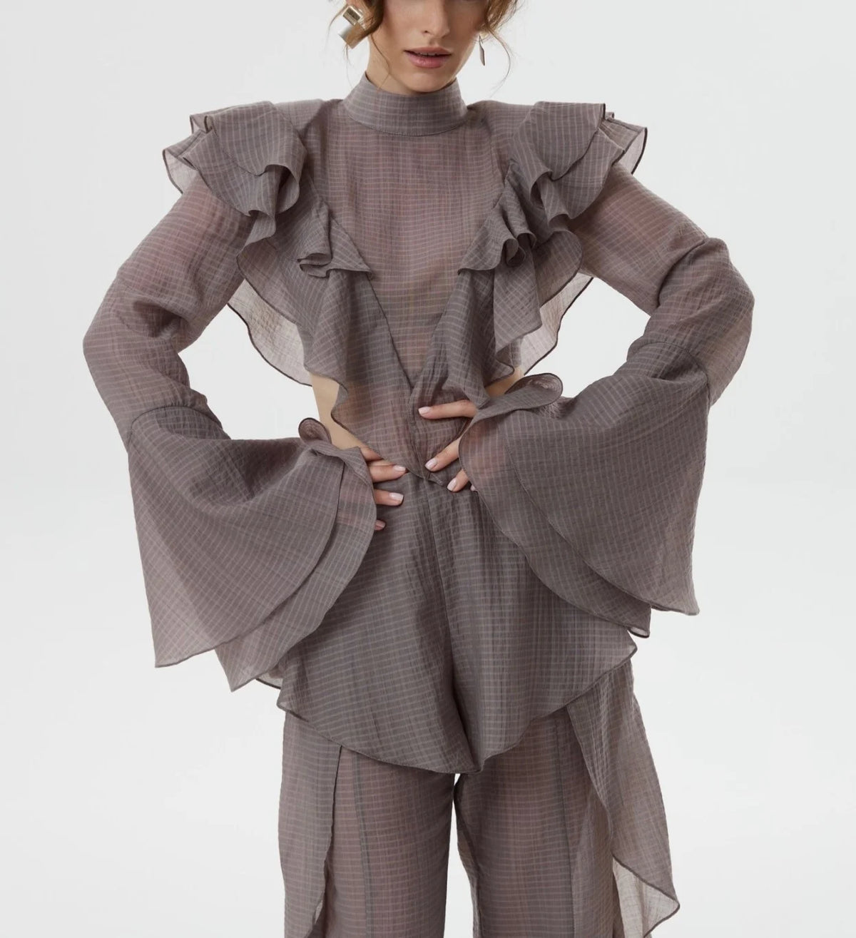 Women's Plaid Ruffle Mock Neck Crop Top and Wide Leg Trousers Two Piece Set [erp-image:3e92be81f0df45f0aa8724e2]