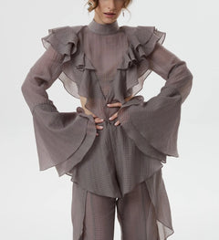 Women's Plaid Ruffle Mock Neck Crop Top and Wide Leg Trousers Two Piece Set [erp-image:3e92be81f0df45f0aa8724e2]