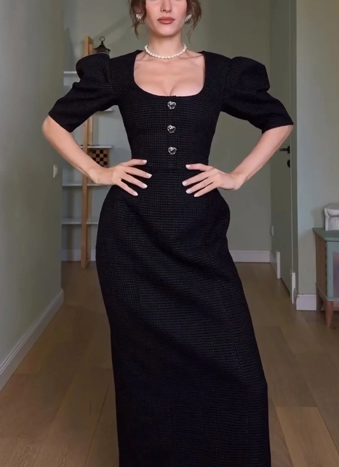 Black Scoop Neck Puff Sleeve Button Front Column Maxi Dress [erp-image:b8c53a2522cf935da4462f31]